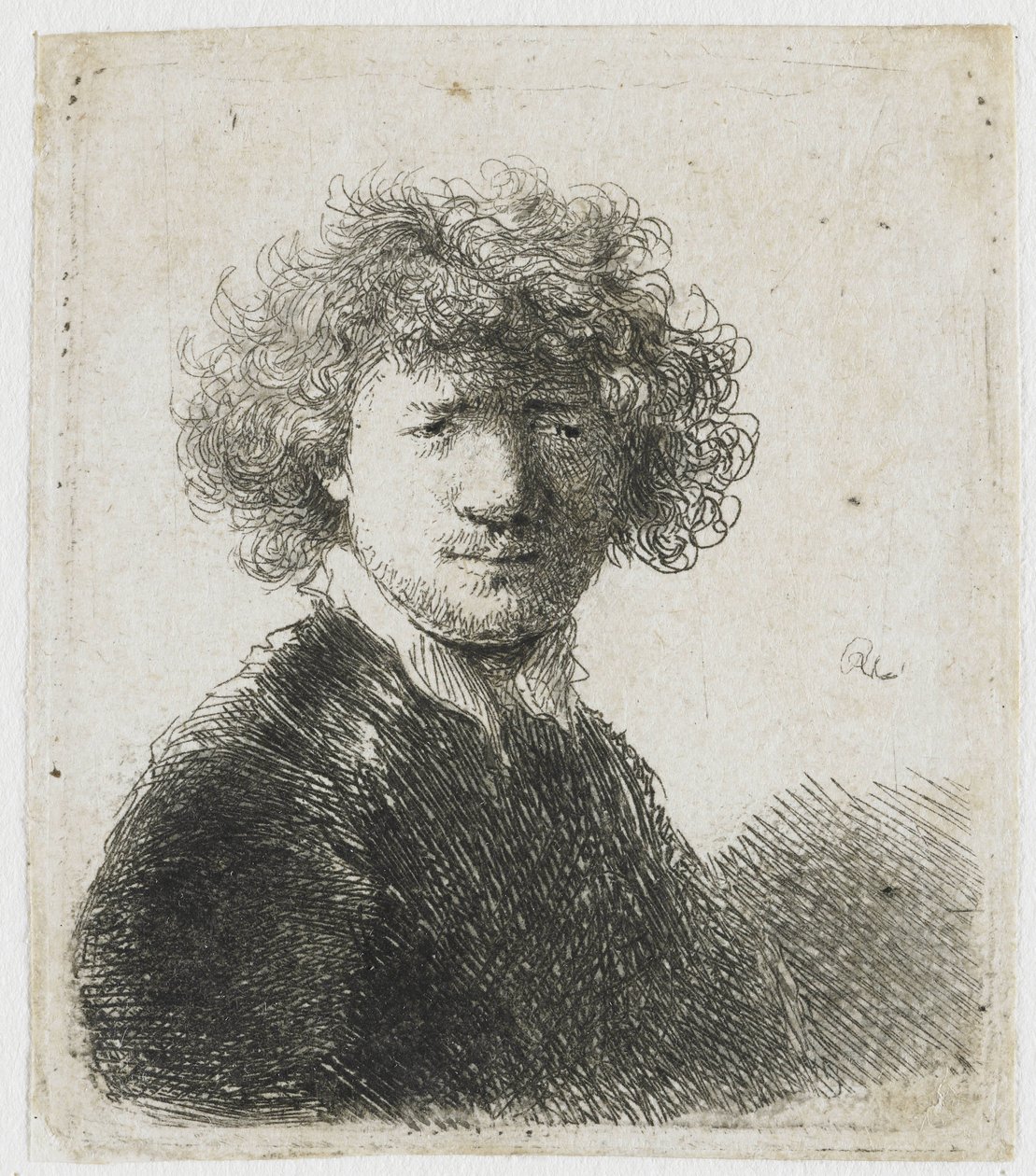 Selbstporträt mit lockigem Haar und weißem Kragen: Büste von Rembrandt van Rijn