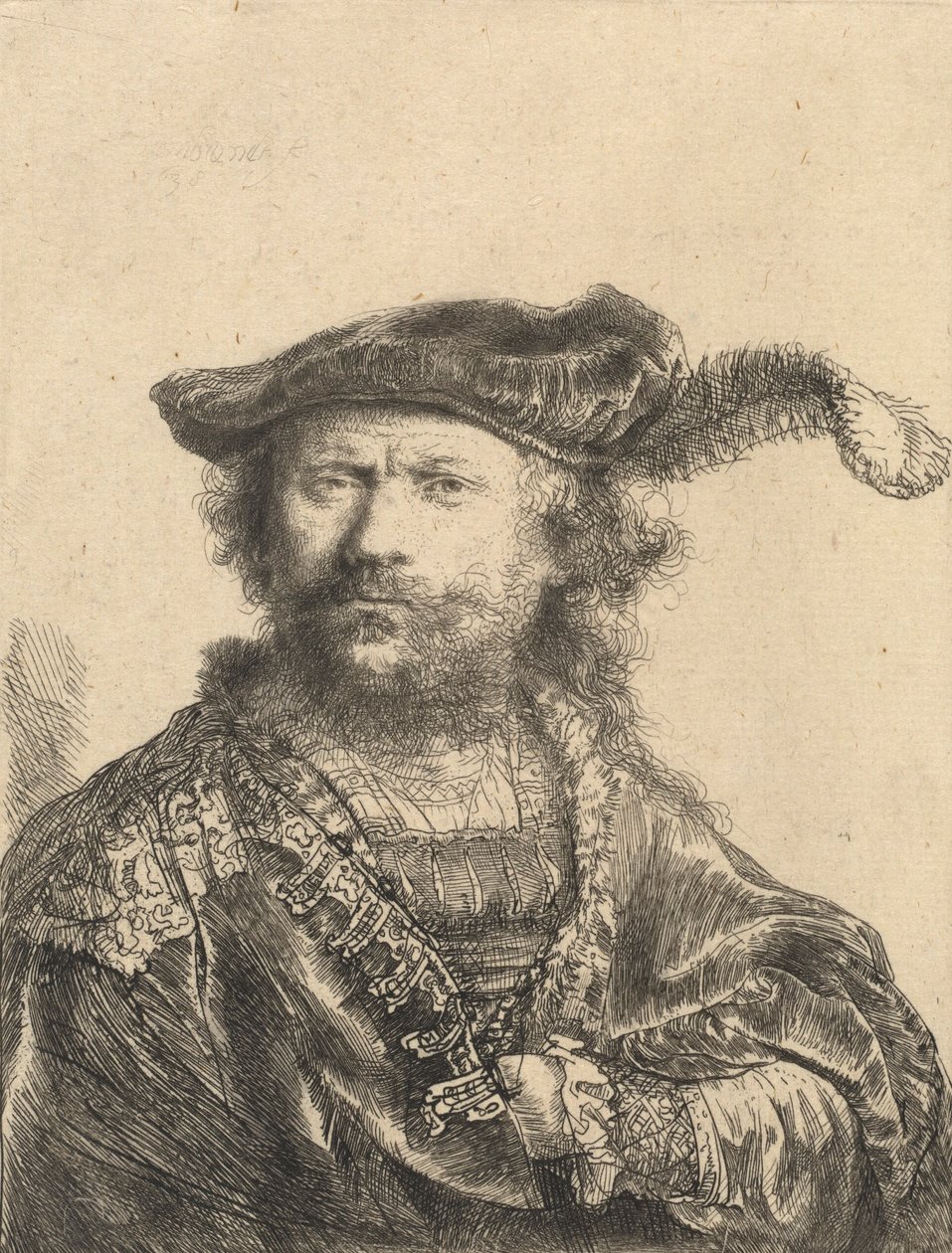 Selbstporträt mit Samtkappe und Feder, 1638 von Rembrandt van Rijn