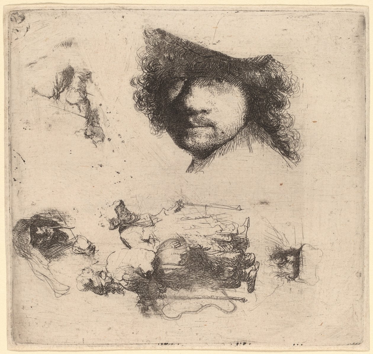 Blatt mit Studien, einschließlich Kopf des Künstlers, ein Bettlerpaar, Köpfe eines alten Mannes und einer alten Frau von Rembrandt van Rijn