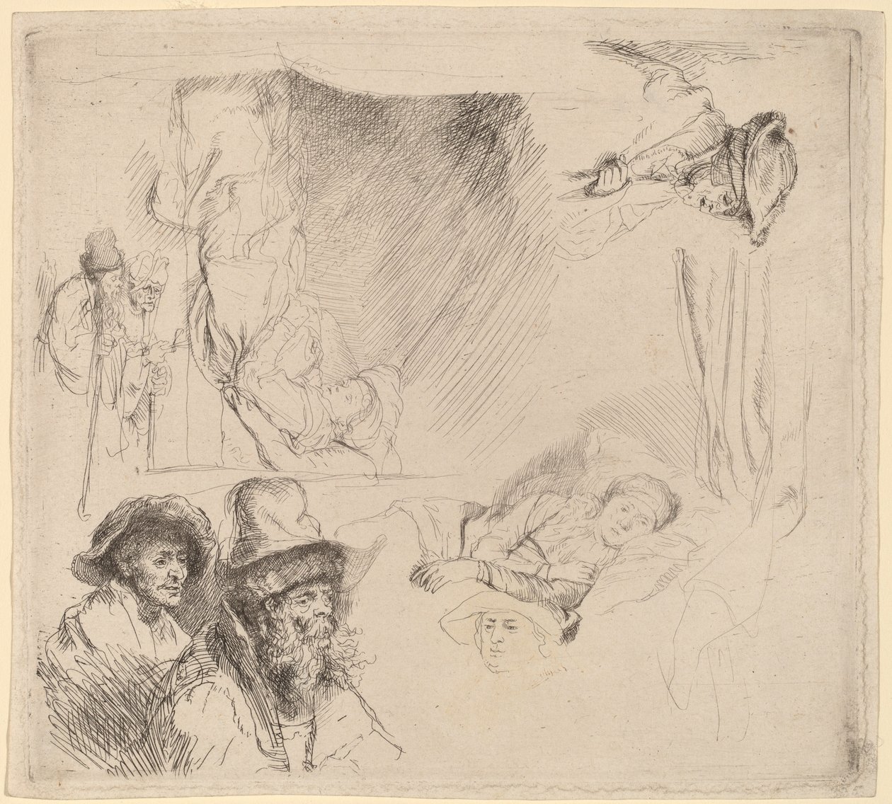 Blatt mit Studien, darunter eine Frau, die krank im Bett liegt von Rembrandt van Rijn