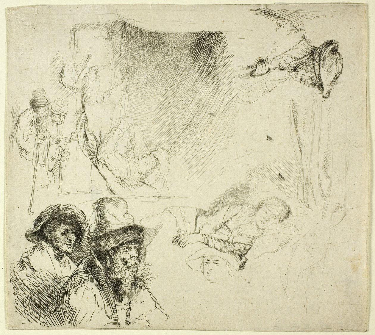 Blatt mit Studien, mit einer Frau, die krank im Bett liegt von Rembrandt van Rijn