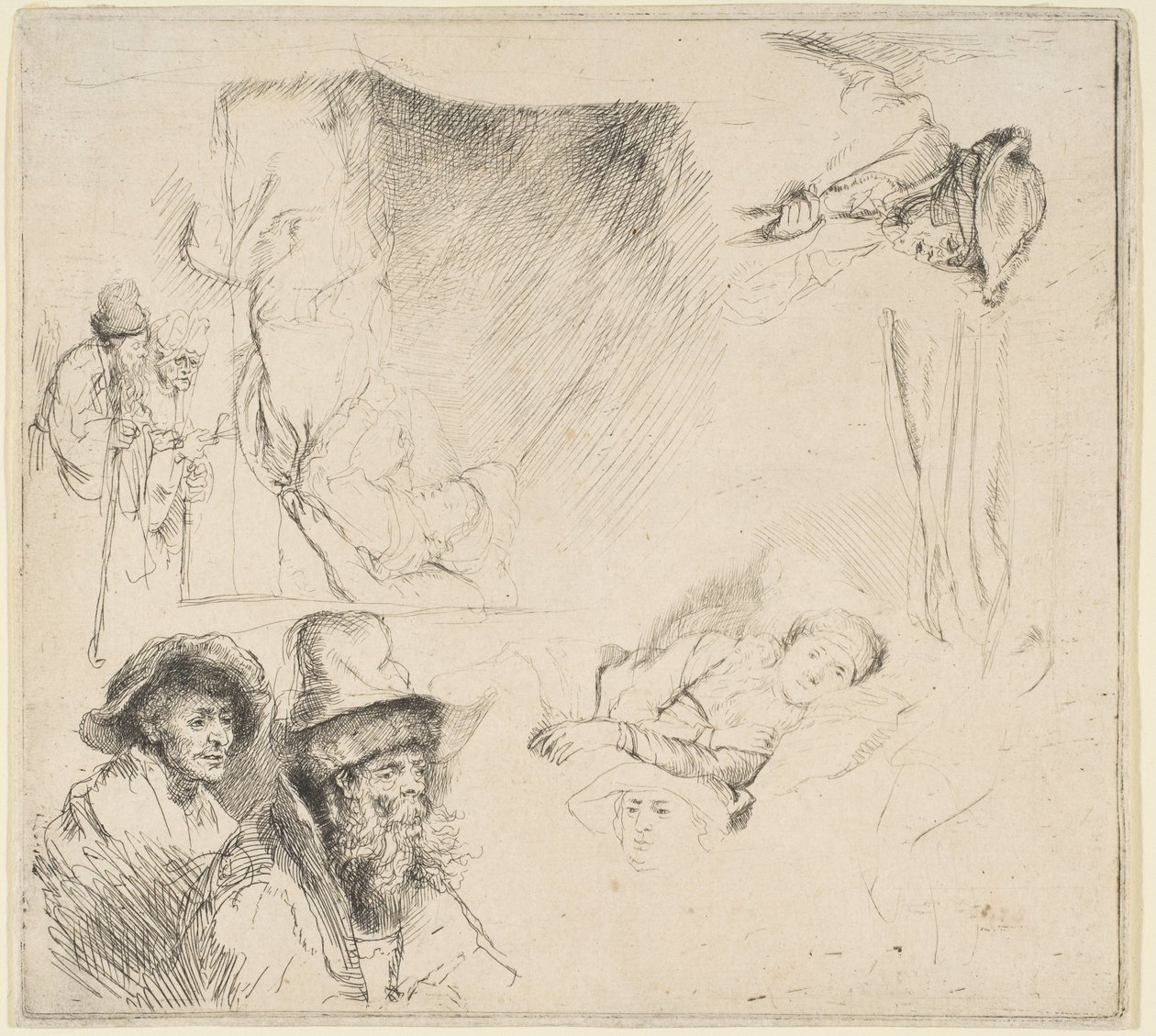 Blatt mit Studien einer im Bett liegenden kranken Frau, etc., ca. 1641-42 von Rembrandt van Rijn