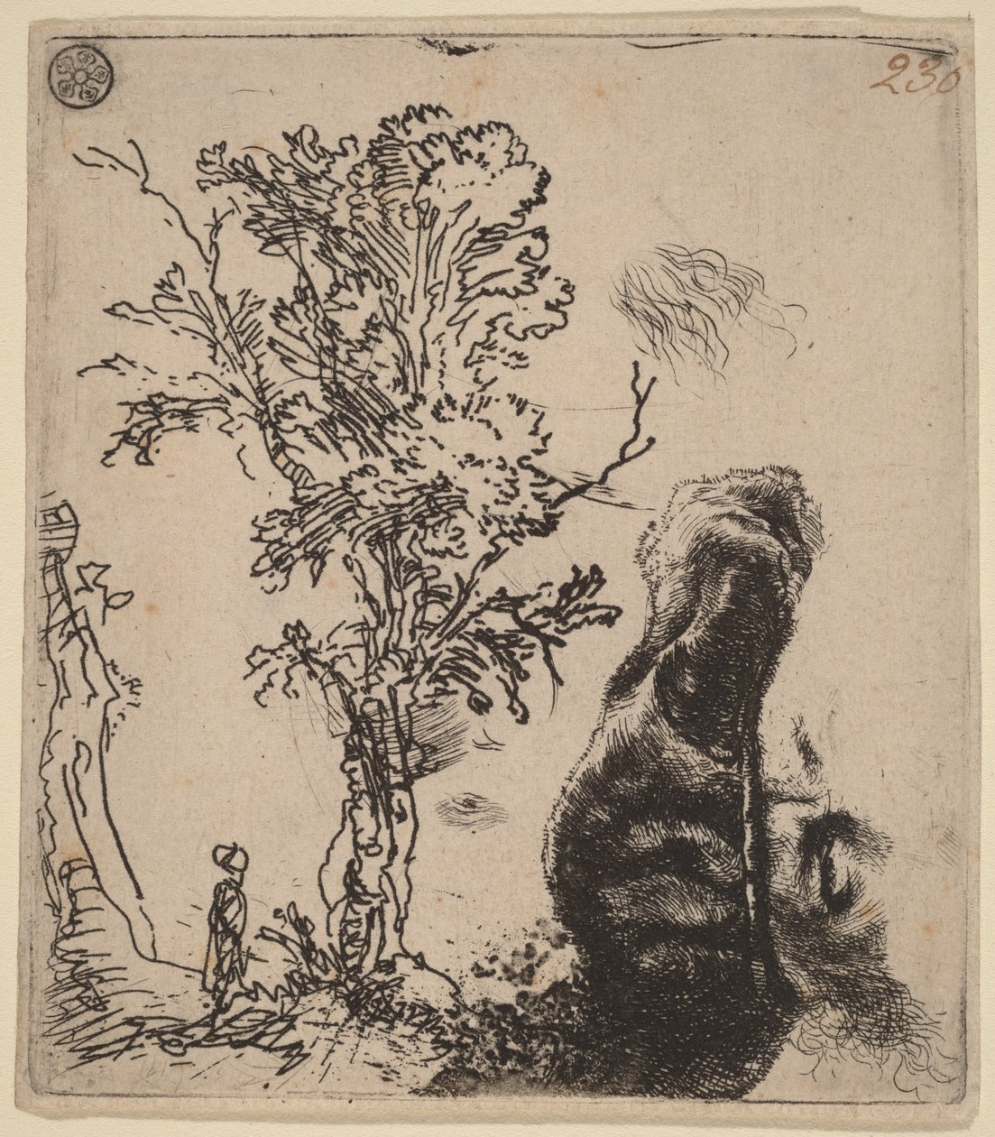 Blatt mit zwei Studien: ein Baum und der obere Teil eines Kopfes des Künstlers mit Samtkappe von Rembrandt van Rijn