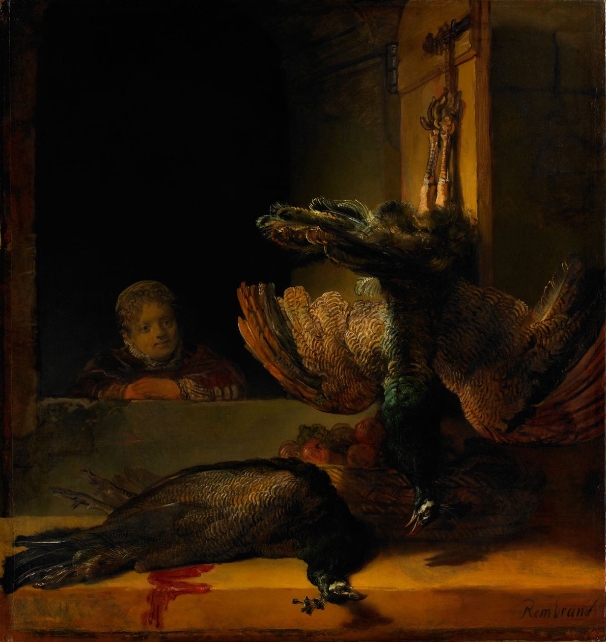Stillleben mit zwei Pfauen und einem Mädchen, ca. 1639 von Rembrandt van Rijn
