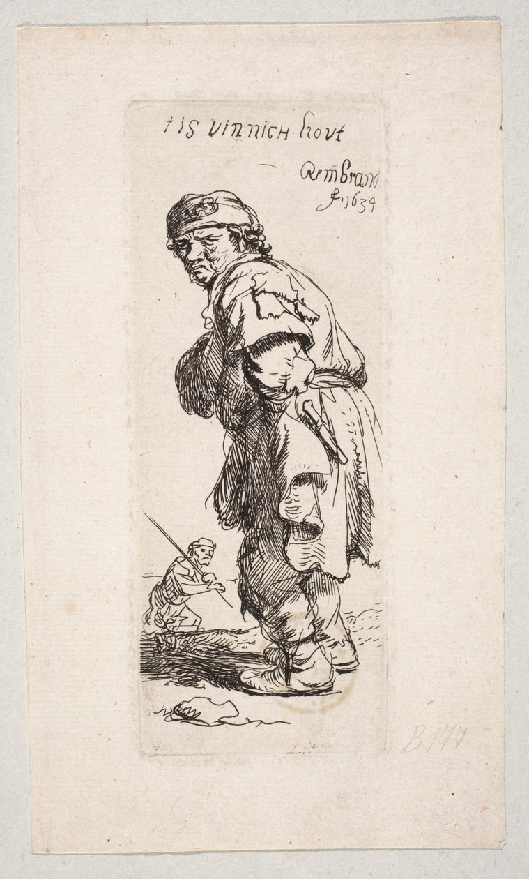 Stehender Bauer nach links gewandt und Figur mit Stock im Hintergrund "Tis vinnich Kout" von Rembrandt van Rijn