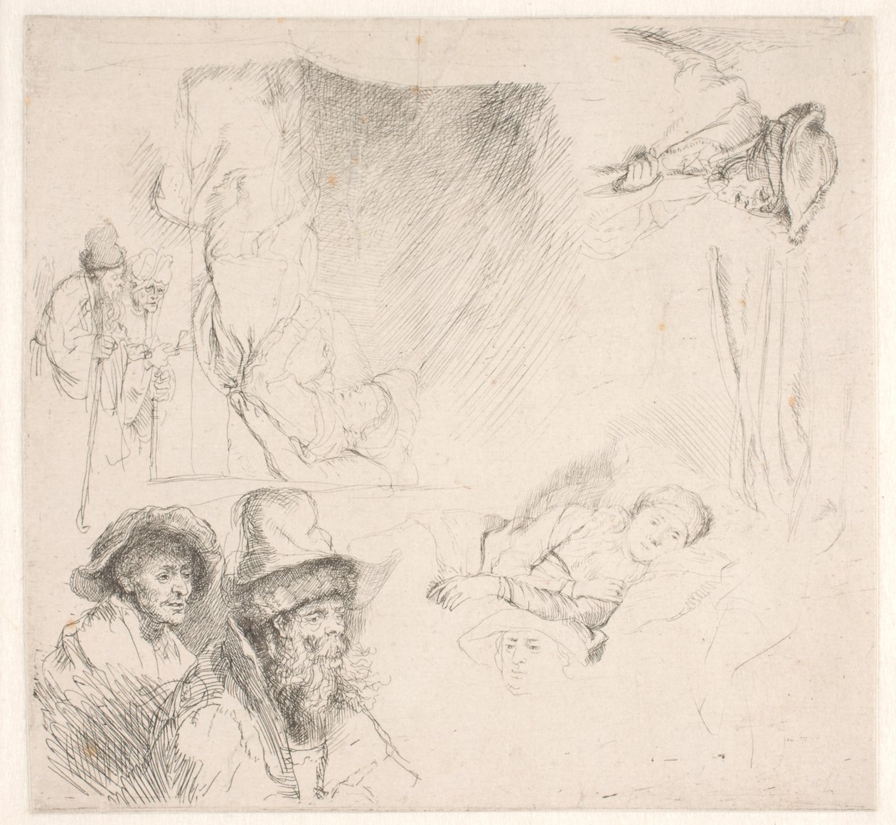 Studienblatt, u.a. mit einer bettlägerigen Frau von Rembrandt van Rijn