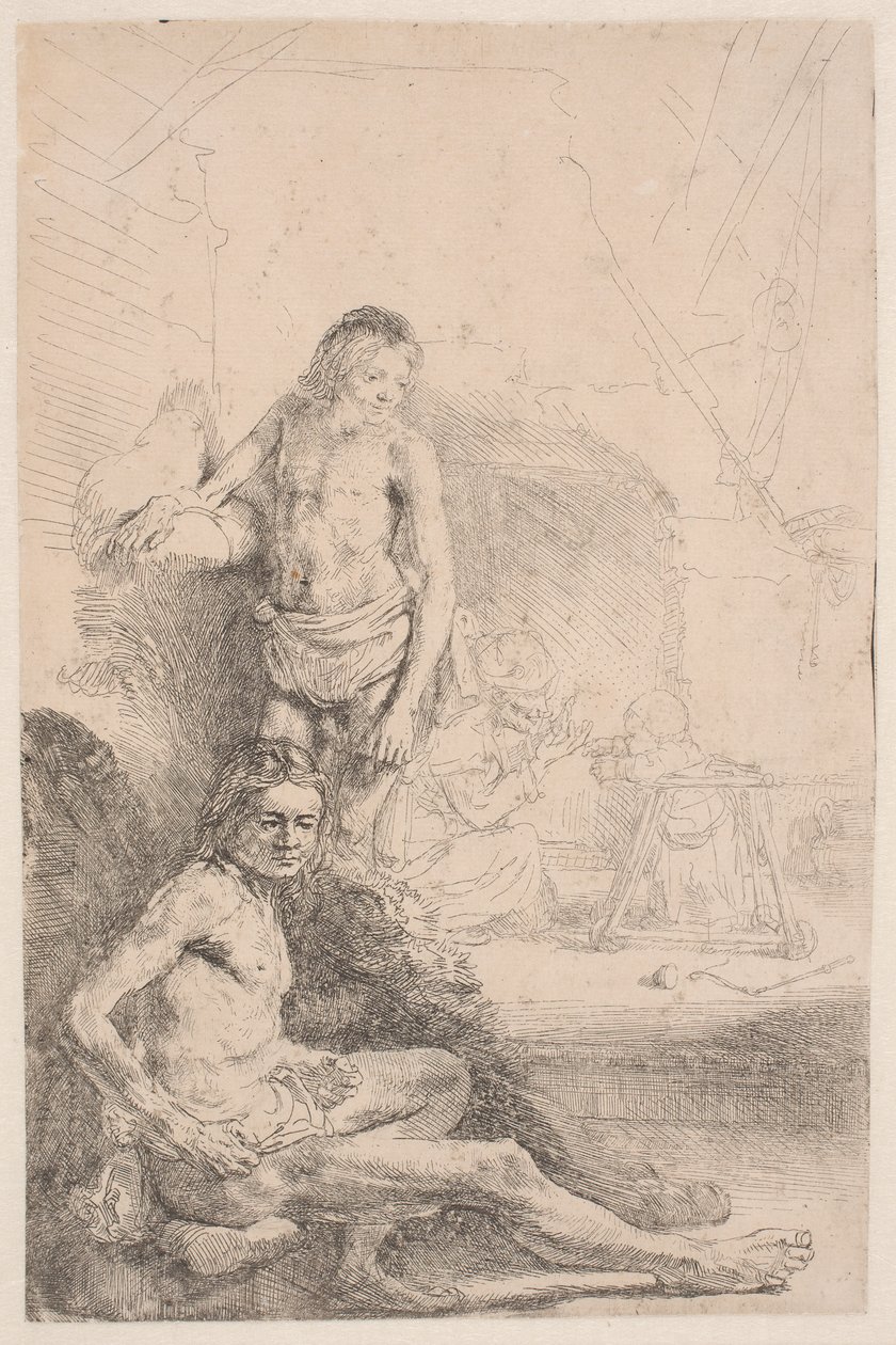 Studien vom Akt: ein sitzender und ein stehender Mann: mit einer Frau und einem Baby leicht im Hintergrund geätzt von Rembrandt van Rijn