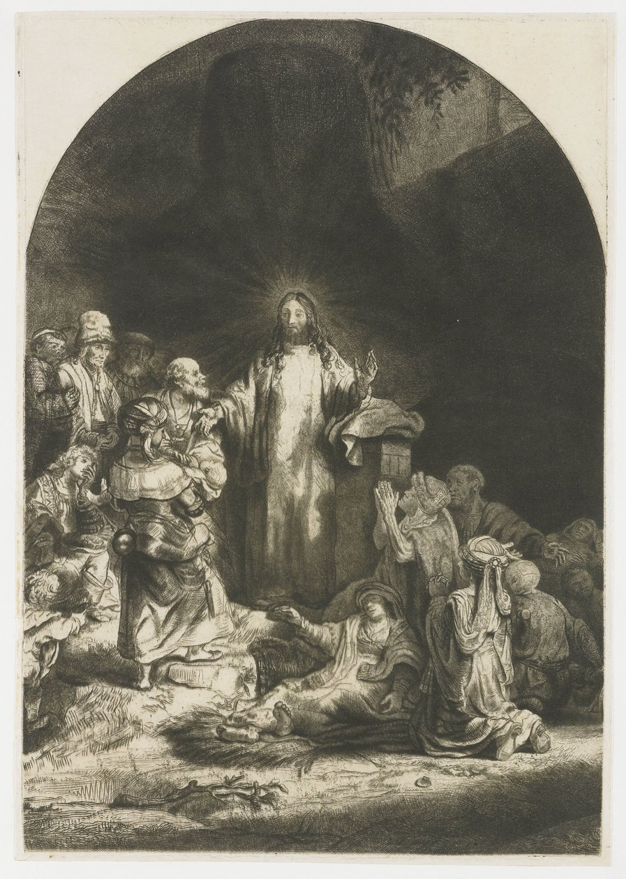 Der Hundertguldenblatt: das zentrale Stück mit Christus predigend, die Platte gewölbt von Rembrandt van Rijn