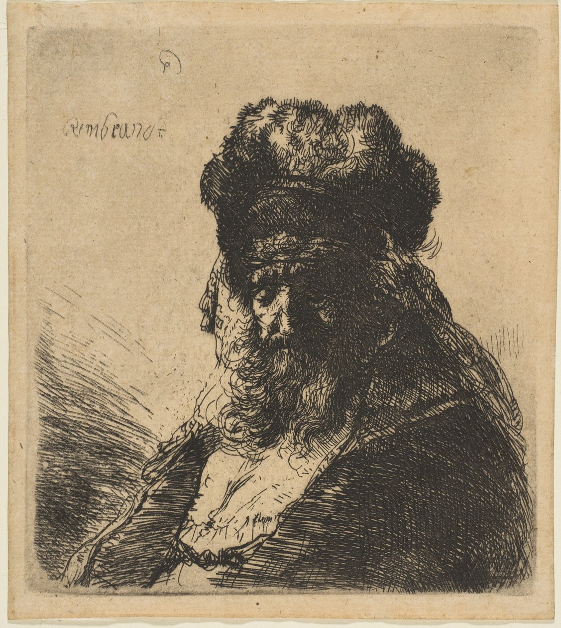 Der alte bärtige Mann mit geschlossenen Augen und hoher Pelzmütze, ca. 1635 von Rembrandt van Rijn