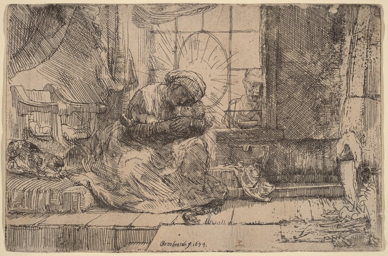 Die Jungfrau und das Kind mit der Katze und der Schlange von Rembrandt van Rijn