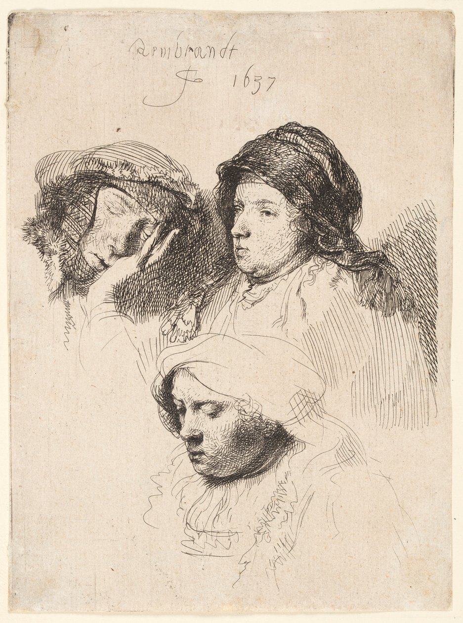 Drei Frauenköpfe, eine schläft von Rembrandt van Rijn
