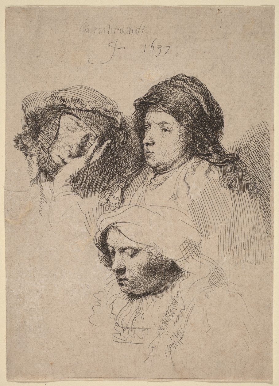 Drei Frauenköpfe, eine schläft von Rembrandt van Rijn