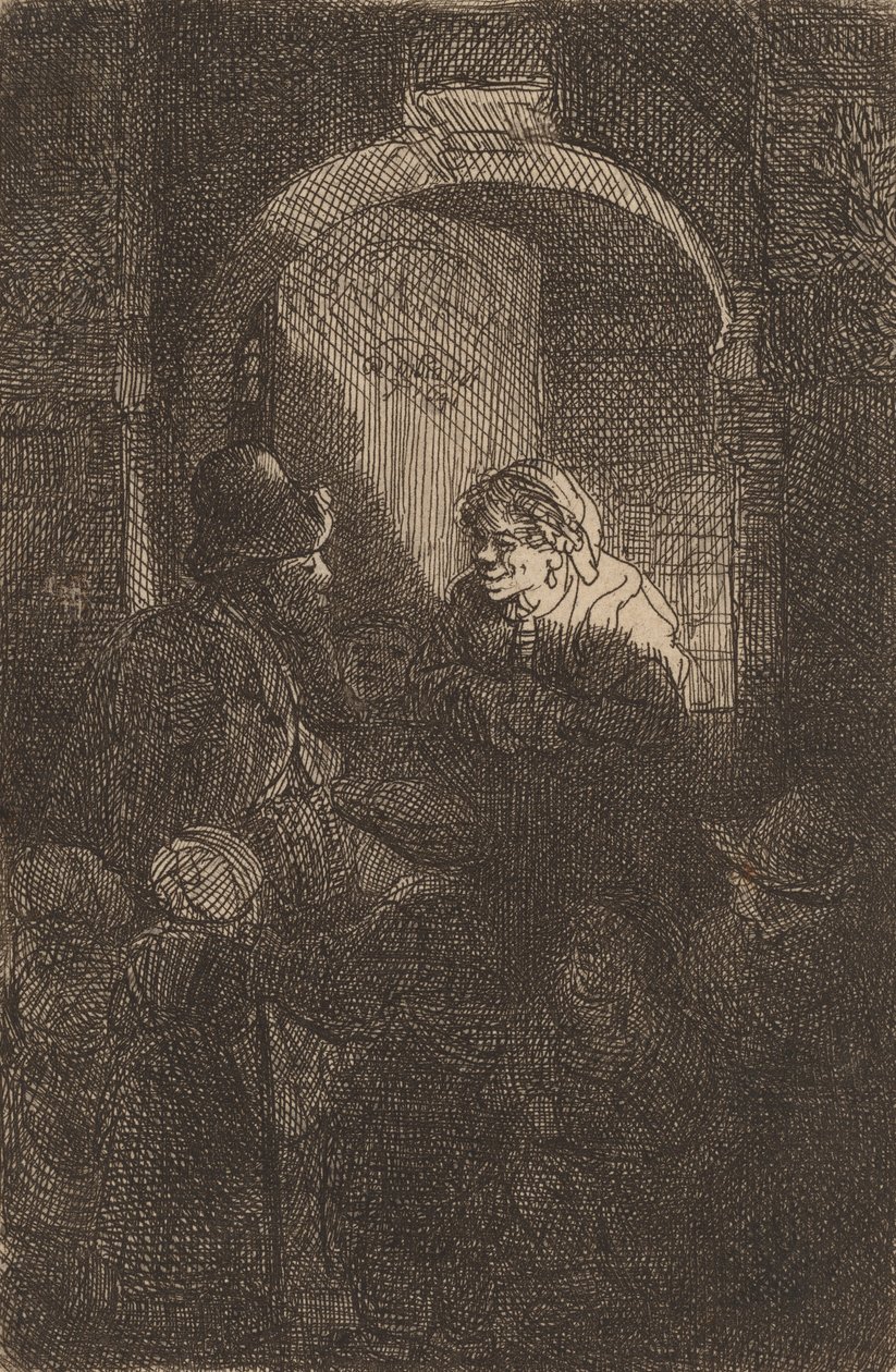 Frau an einer Türklappe spricht mit einem Mann und Kindern von Rembrandt van Rijn