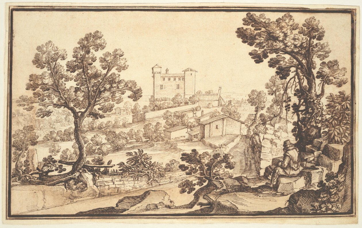 Landschaft mit einem ruhenden Mann, Bauernhäusern und einer Burg von Remigio Cantagallina
