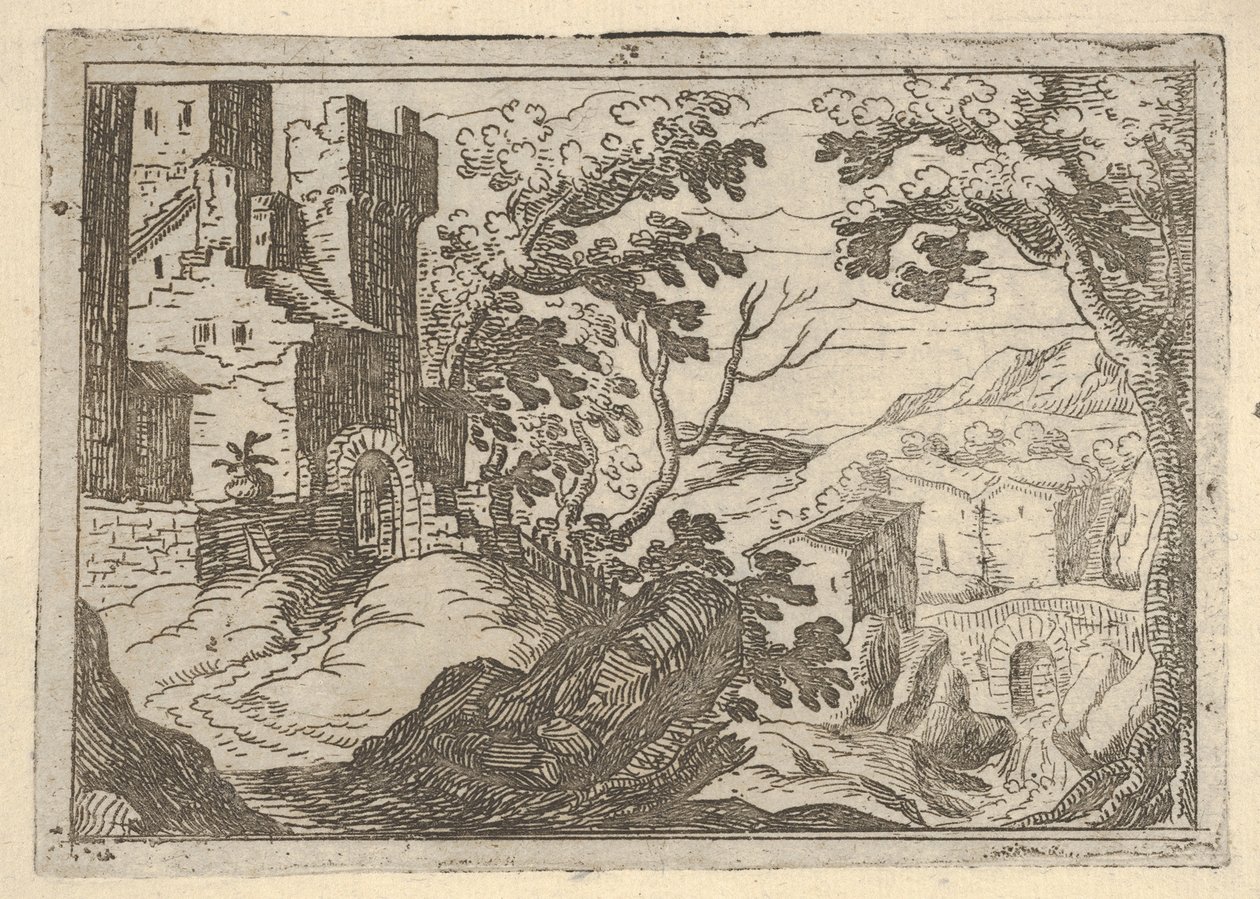 Landschaft mit Gebäuden links und einer Brücke rechts unten, ca. 1620-50 von Remigio Cantagallina