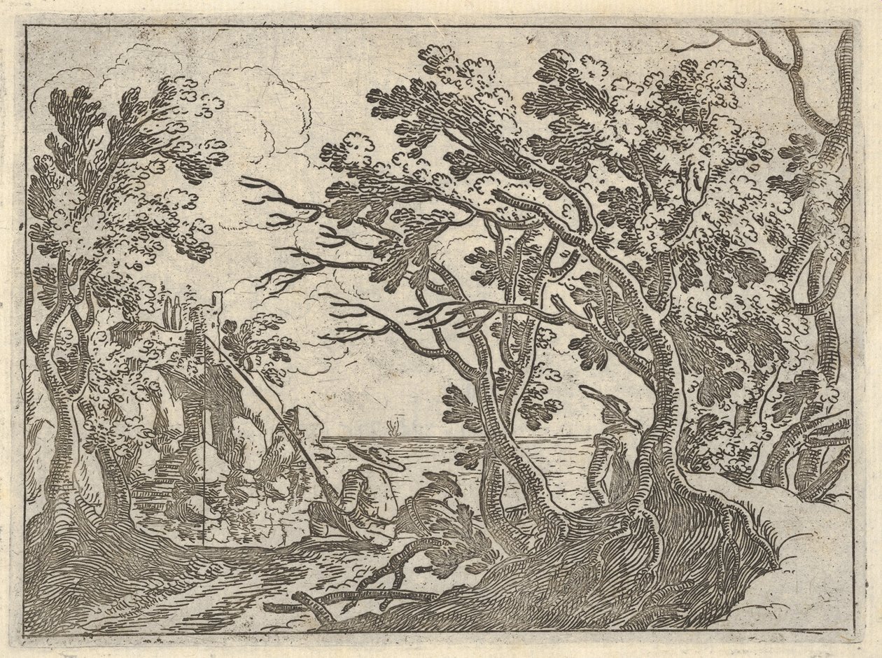 Landschaft mit Fischer an Land und männlichem Beobachter unter Bäumen, ein Mann in einem Boot von Remigio Cantagallina