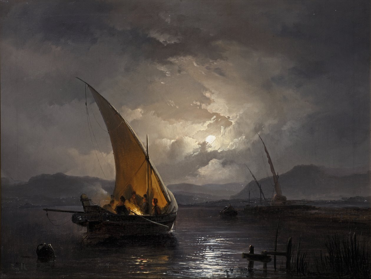 Eine nächtliche Landschaft mit einem Segelboot, in dem ein Feuer entzündet wird, nach 1860 von Remigius van Haanen