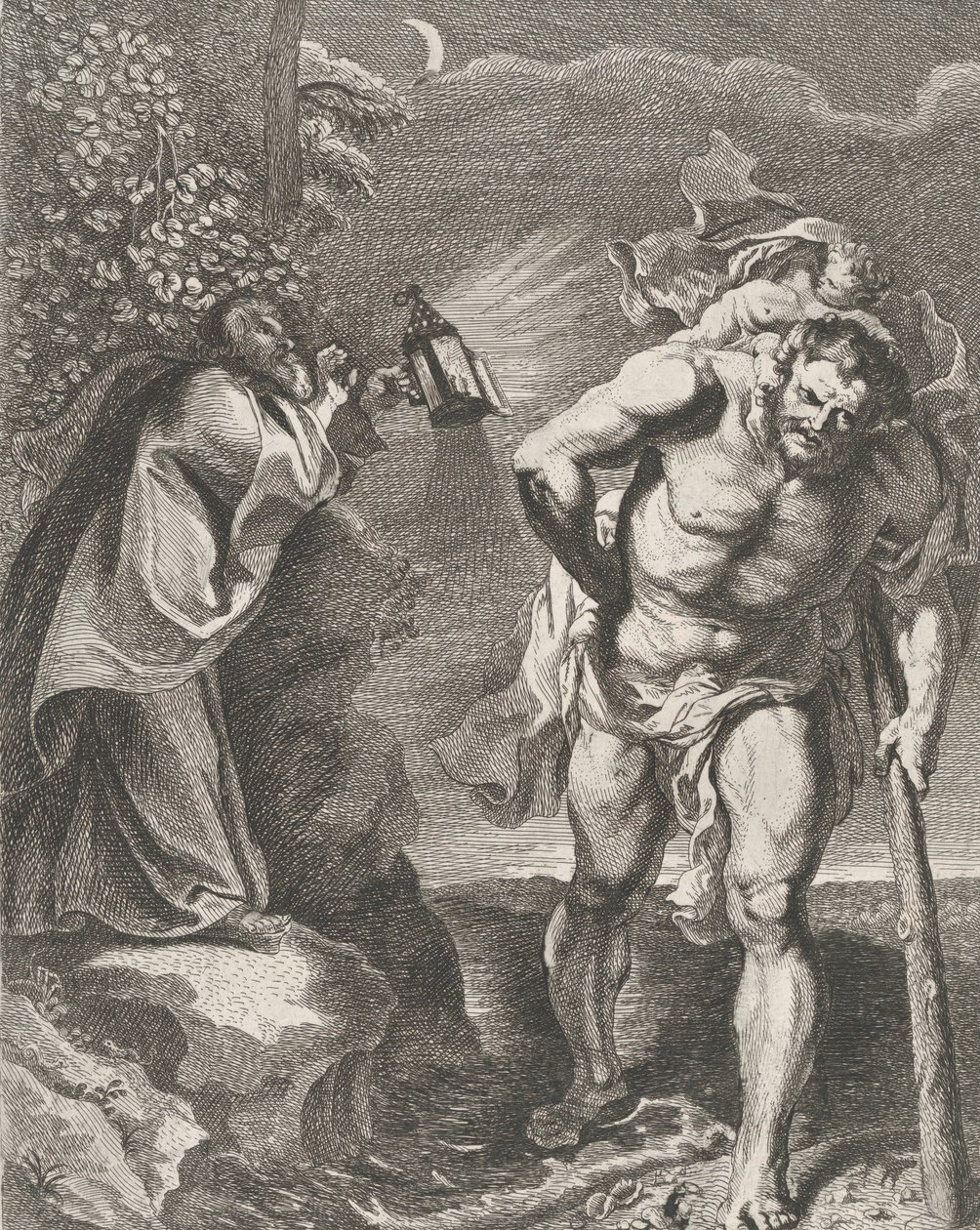 Der heilige Christophorus trägt das Christuskind über einen Bach, ein anderer Mann hält ..., ca. 1636-80 von Remoldus Eynhoudts