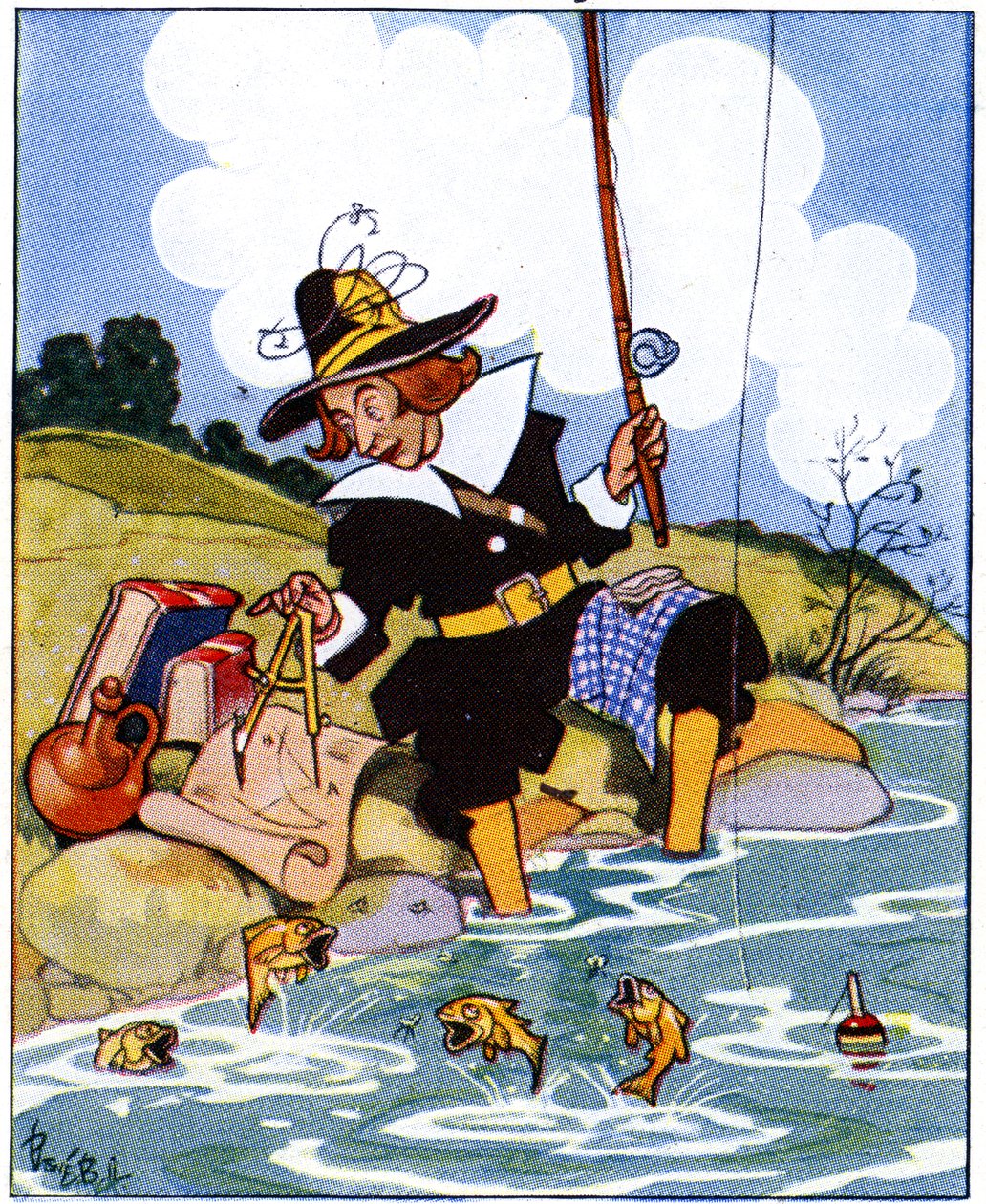 Izaak Walton studiert die Winkel von Euklid beim Angeln, 1936 von René Bull