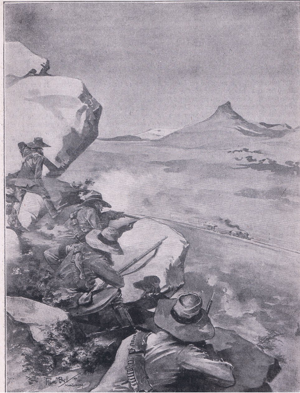 Buren schießen auf den Zug von General French von René Bull