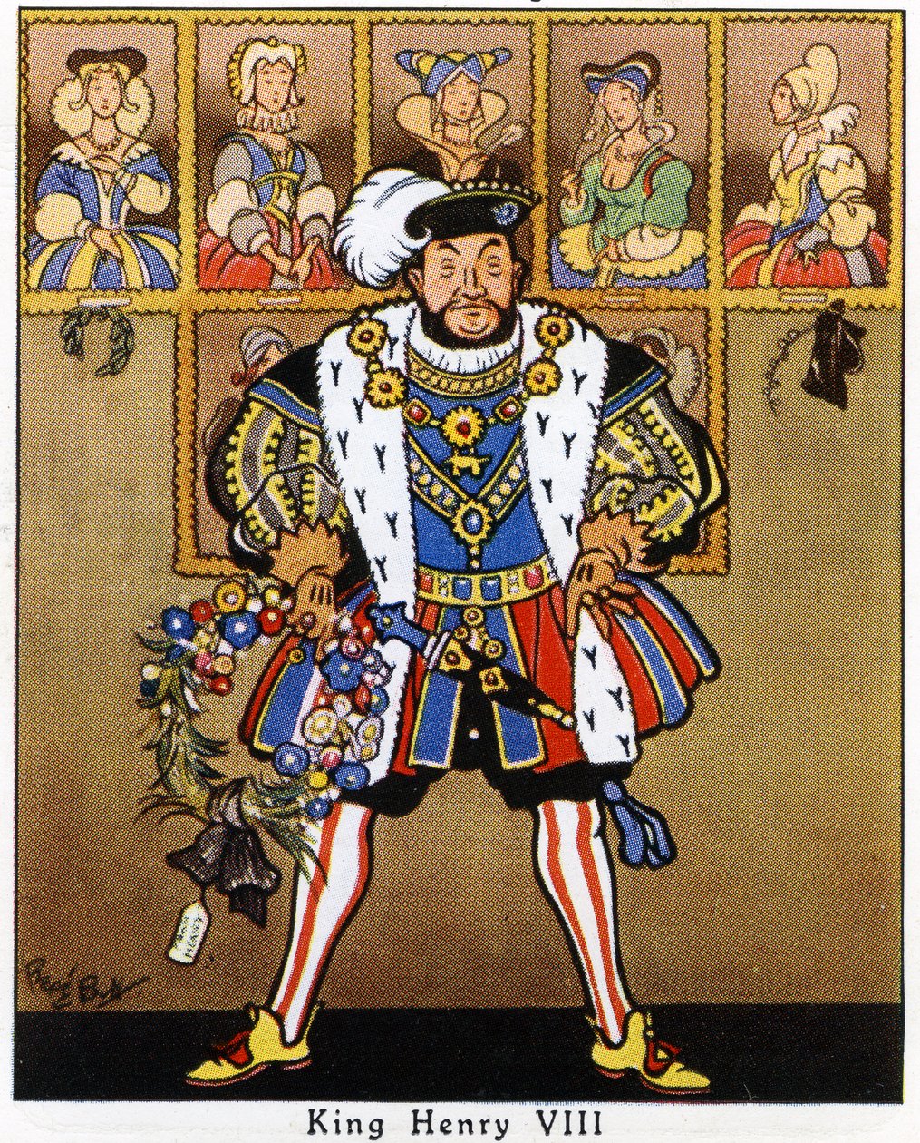 König Heinrich VIII. schmückt die Porträts seiner Frauen mit Stechpalmen, Misteln und einem Kranz für Weihnachten, 1936 von René Bull