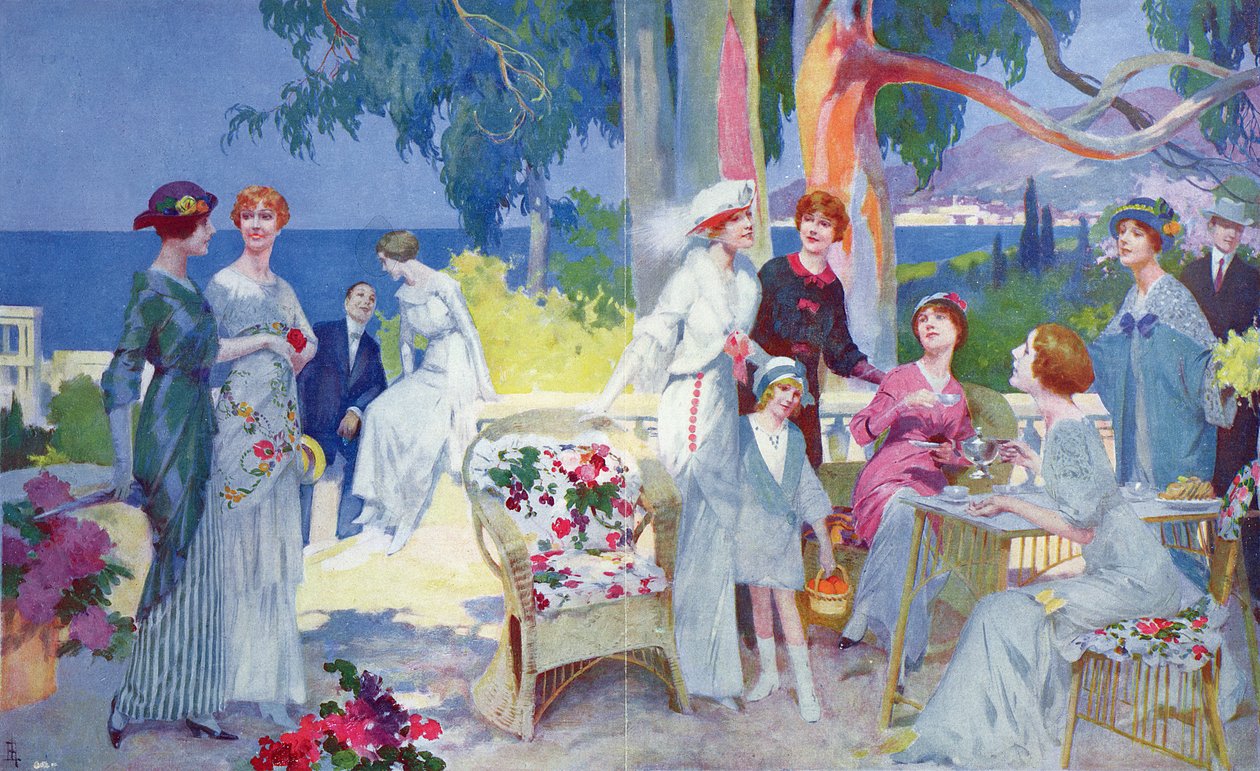 Teegesellschaft in einem Garten an der französischen Riviera, Illustration aus 