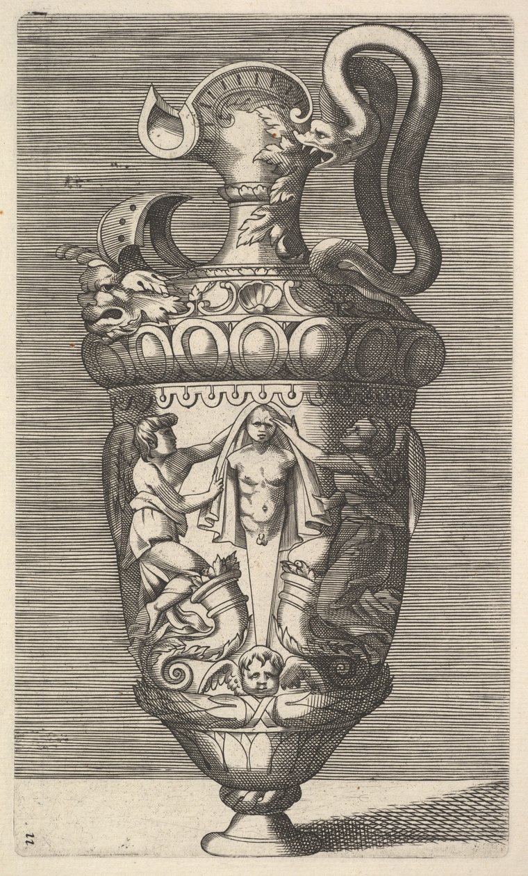 Vase mit zwei geflügelten Figuren, die einen Pfeiler drapieren, 17. Jahrhundert von Rene Boyvin