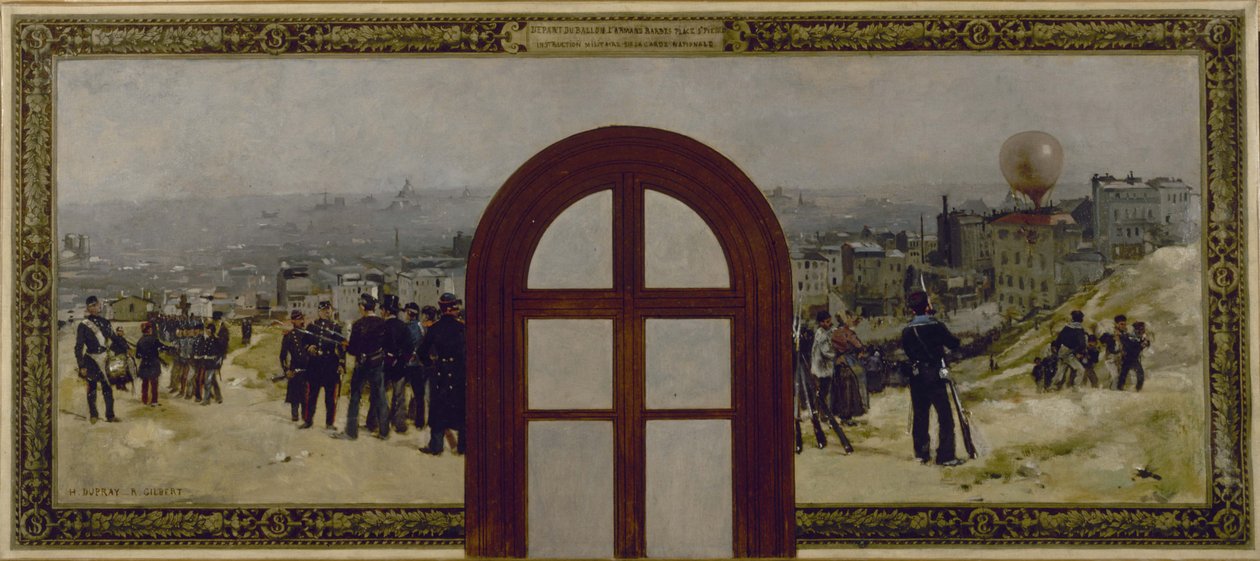 Skizze für das Büro des Präfekten im Pariser Rathaus: Die Abfahrt des "Armand Barbès"-Ballons, Nationalgarde-Unterricht von Rene Joseph Gilbert