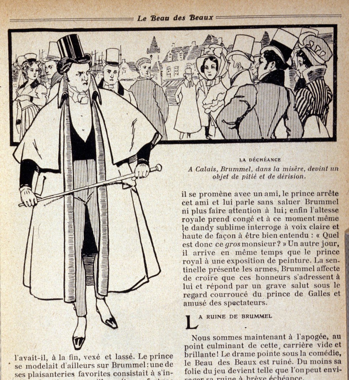 Darstellung von George Bryan Brummel (1778 - 1840), dem König der Dandies, der im Exil in Calais ist. Illustration von René Vincent. 19. Jahrhundert von Rene Vincent