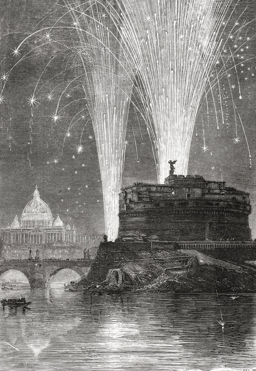 Beleuchtung von St. Peter und Feuerwerk auf der Engelsburg, Rom, Italien im späten 19. Jahrhundert. Aus Italienische Bilder von Rev. Samuel Manning, veröffentlicht um 1890. von Reverend Samuel Manning