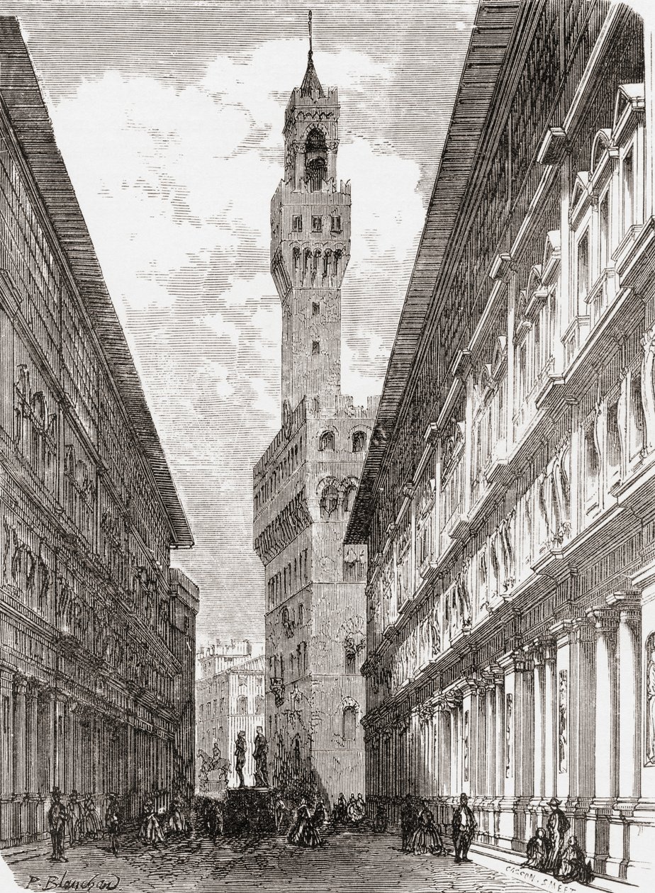 Die Uffizien, der Palazzo Vecchio und Statuen auf der Piazza della Signoria, Florenz, Italien im späten 19. Jahrhundert. Aus 