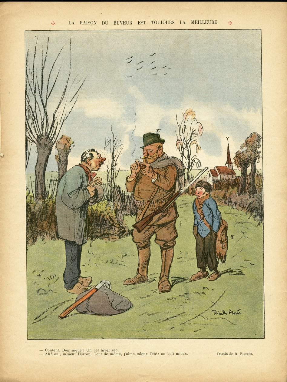 Illustration von Ricardo Flores (1878-1918) in Le Lire, 04/01/13 - Der Grund des Trinkers ist immer der beste - Kampagne, Kindheit, Jagd Jäger, Kathedralen Kirchen, Alkohol Alkoholismus von Ricardo Flores