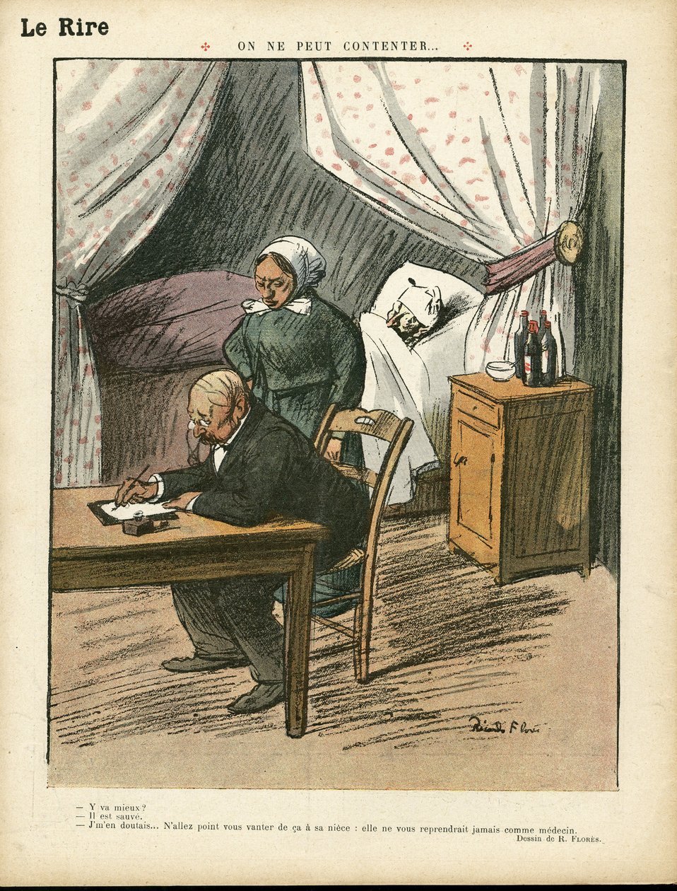 Illustration von Ricardo Flores (1878-1918) in Le Lire, 08/02/13 - Man kann es nicht allen recht machen - Medizin, Innenarchitektur von Ricardo Flores