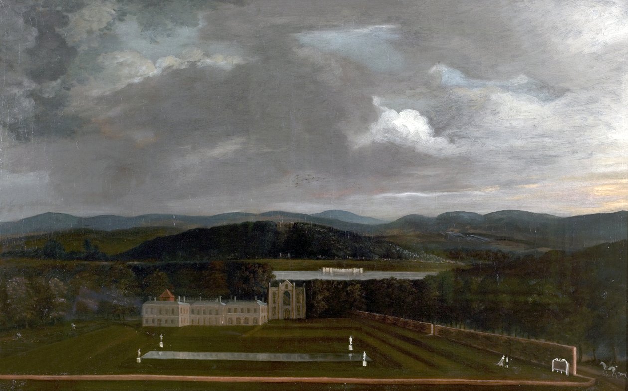 Ostansicht von Newstead Abbey, Nottinghamshire und der Große Garten, 1758 von Richard Byron