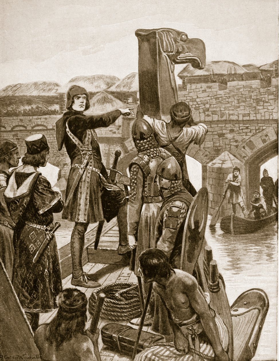Earl Godwin segelt 1052 unter der London Bridge hindurch, um sich mit seinem Sohn Harold und 9 Schiffen aus Irland zu treffen, Illustration aus 