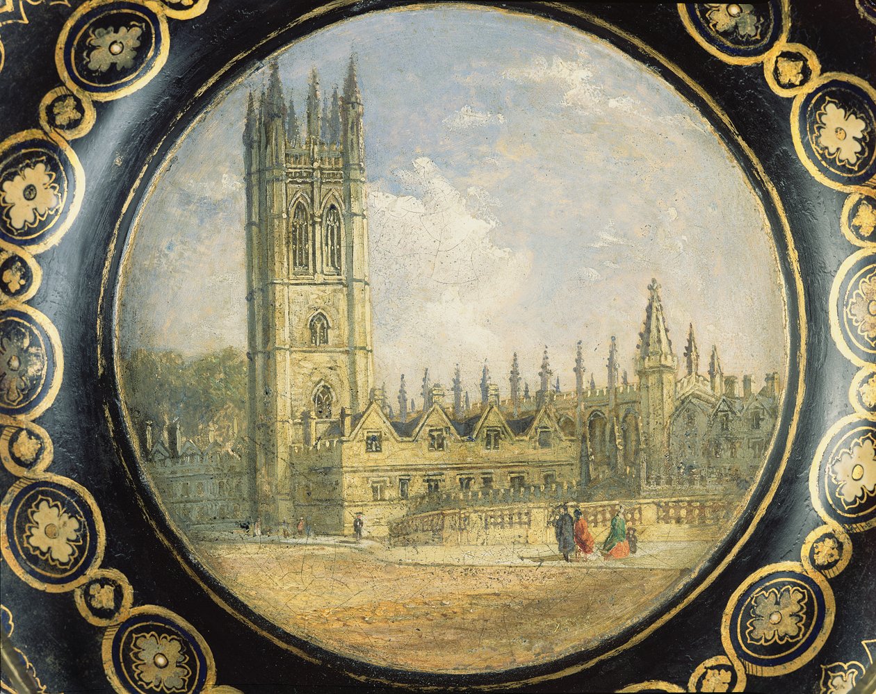Viktorianisches Kartentablett mit einer Szene des Magdalen College, Oxford von Richard Phene and Benjamin W. Spiers