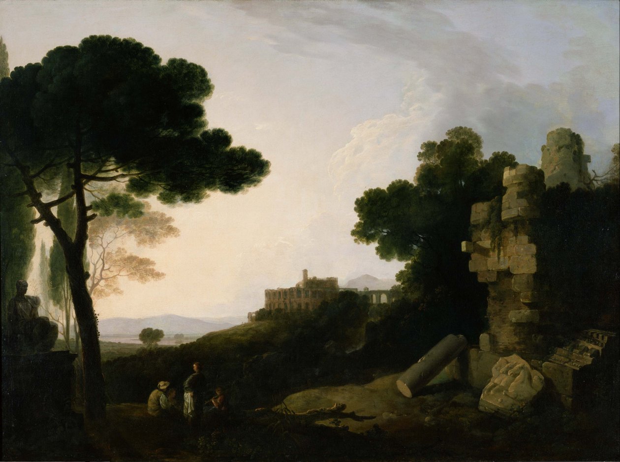 Landschaftskapriccio mit Grab der Horatier und Kuriatier und der Villa des Maecenas in Tivoli von Richard Wilson
