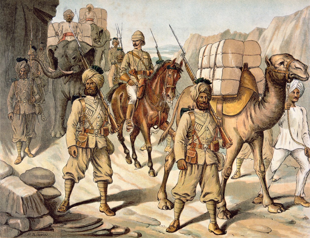 Eskorte der 20. Bengal (Punjab) Native Infantry, Feldserviceausrüstung, die Anglo-Indische Armee der 1880er Jahre von Richard (after) Simkin