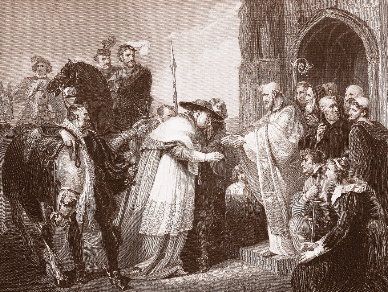 Kardinal Wolsey in der Abtei von Leicester, graviert von R. Walther von Richard (after) Westall