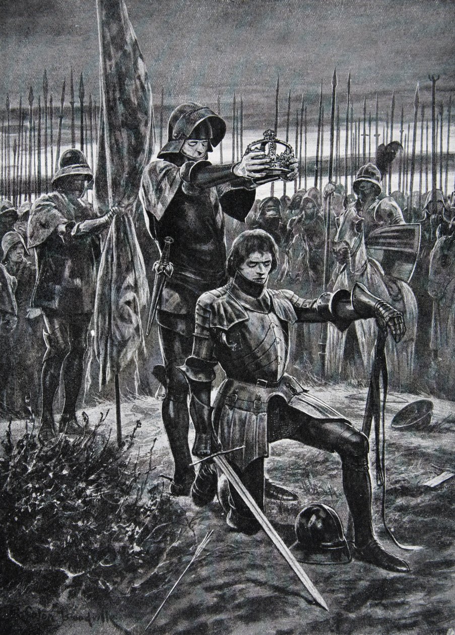 Heinrich VII. wird in Bosworth gekrönt von Richard Caton II (after) Woodville