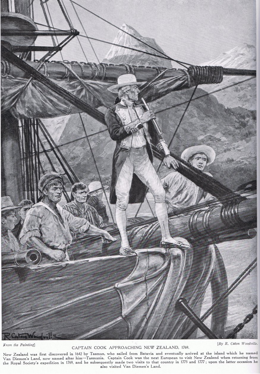 Kapitän Cook nähert sich Neuseeland, Illustration aus 