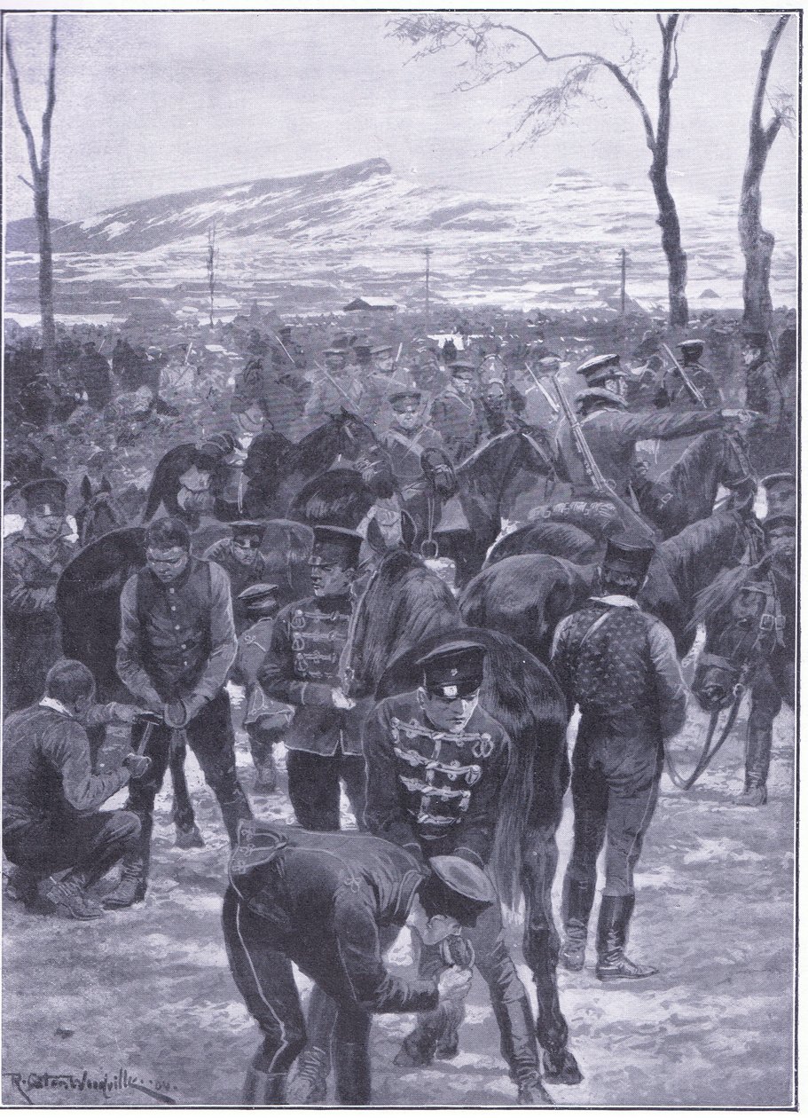 Japanisches Kavallerielager in Seoul: Hufschmiede bei der Arbeit, Illustration aus Cassells Geschichte des Russisch-Japanischen Krieges Band 1, ca. 1900 von Richard Caton Woodville