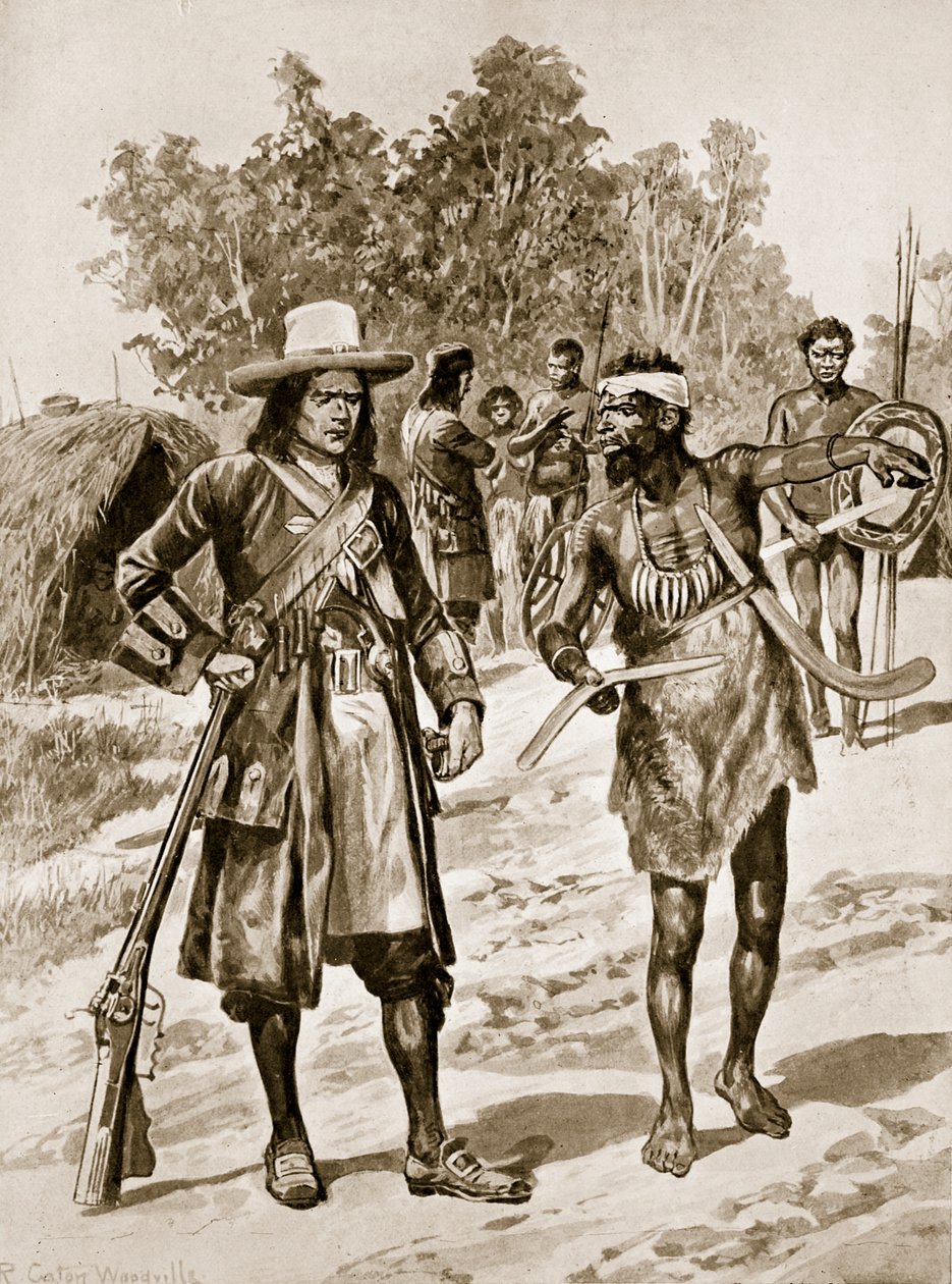 Dampier untersucht einen Bumerang in Australien, Illustration aus 