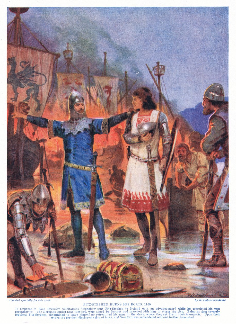 Fitz-Stephen verbrennt seine Schiffe, 1169 n. Chr., 1920er Jahre von Richard Caton Woodville junior