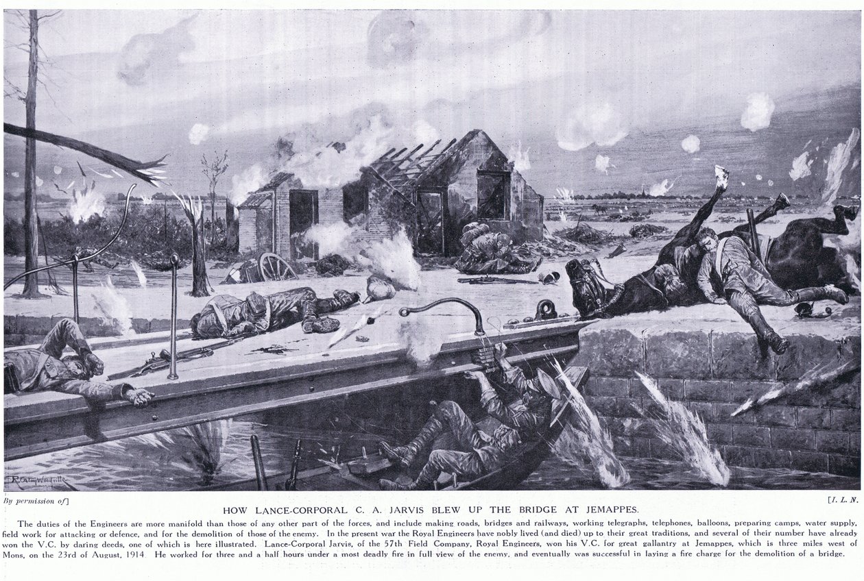 Wie Lance Corporal C A Jarvis eine Brücke bei Jemappes in der Nähe von Mons sprengte und das Victoria-Kreuz gewann, August 1914 von Richard Caton Woodville junior