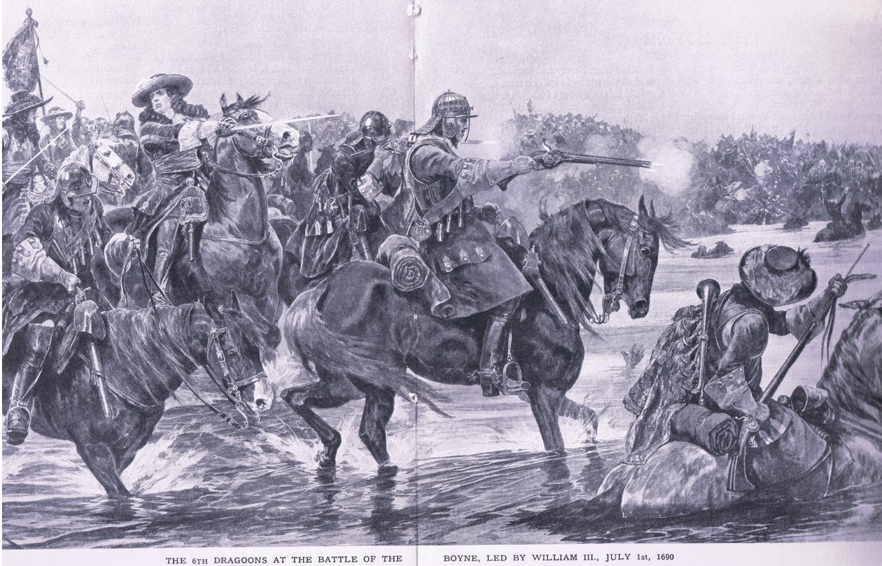Die Schlacht am Boyne, 1. Juli 1690, Illustration aus British Battles on Land and Sea, 1915 von Richard Caton Woodville junior