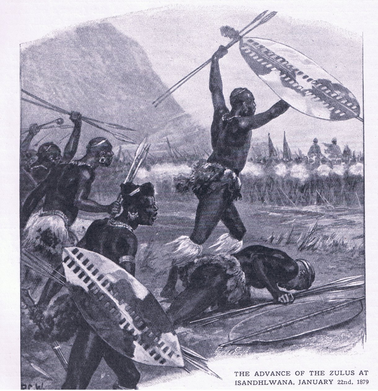 Der Vormarsch der Zulus bei Isandhlwana 22. Januar 1879, Illustration aus Britische Schlachten zu Land und zu Wasser, 1915 von Richard Caton Woodville junior