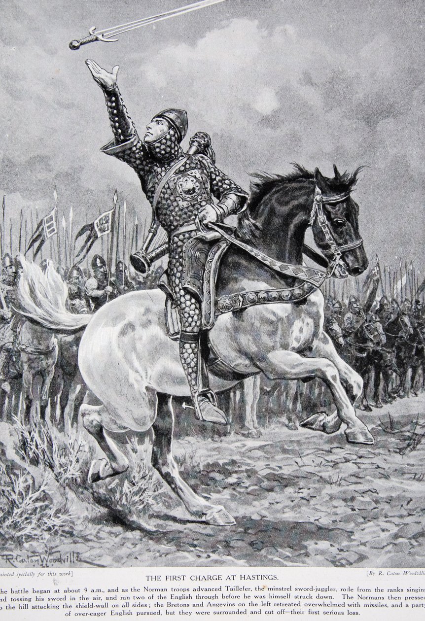 Der erste Angriff bei Hastings: Taillefer der Minnesänger-Schwertjongleur ritt aus den Reihen, sang und warf sein Schwert in die Luft, 1066, Illustration aus 