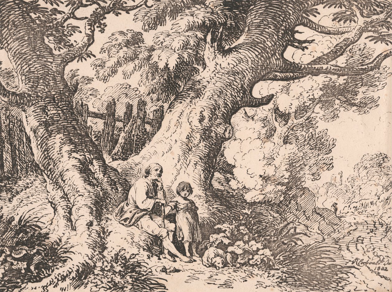 Alte Bäume mit altem Mann, Kind und Hund von Richard Corbould