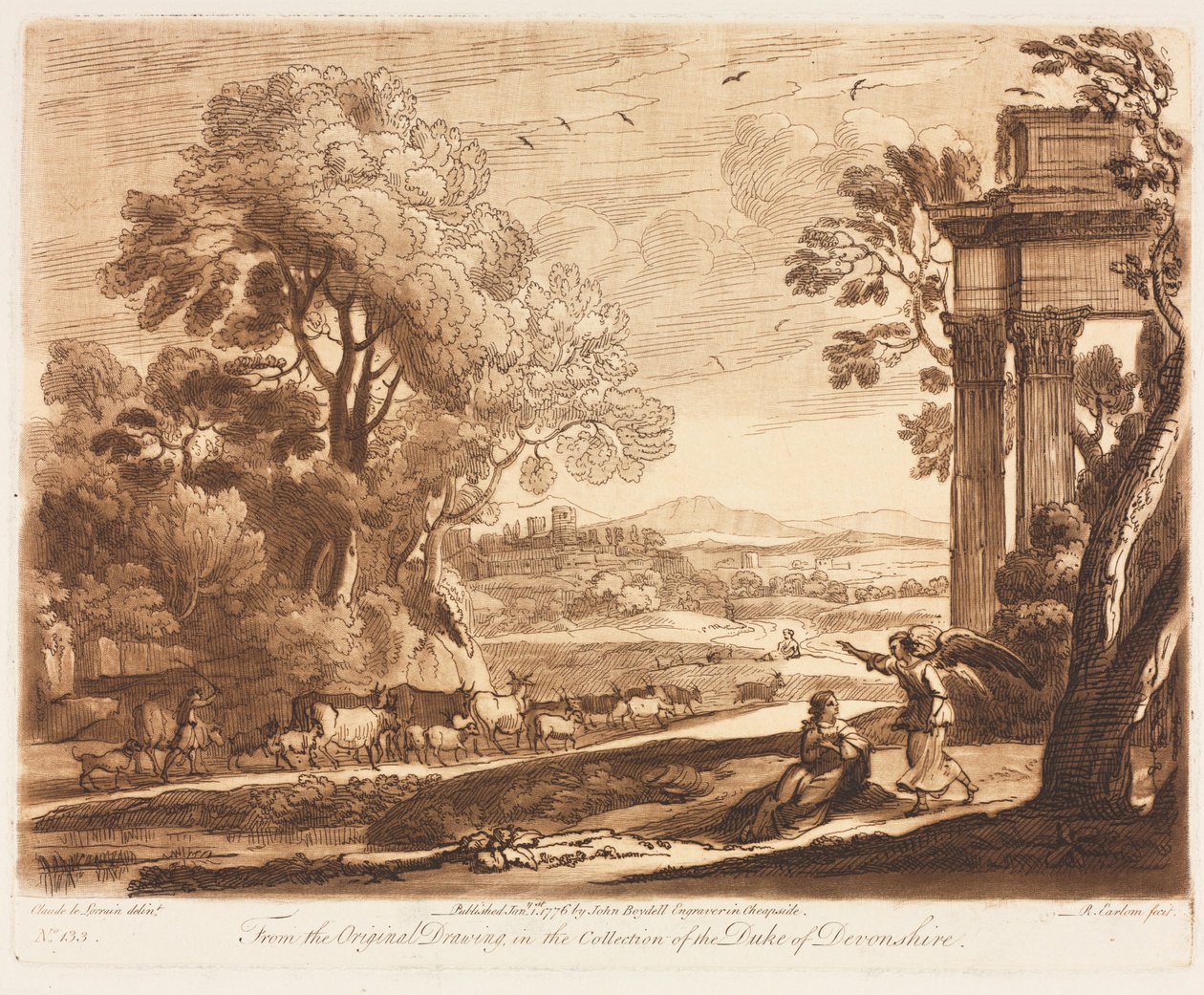Liber Veritatis: Nr. 133, Eine Landschaft mit Rindern und der Engel tröstet Hagar von Richard Earlom